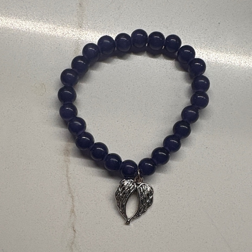 NEW!  Deep Navy Beaded Bracelet with Angel Wing Charm